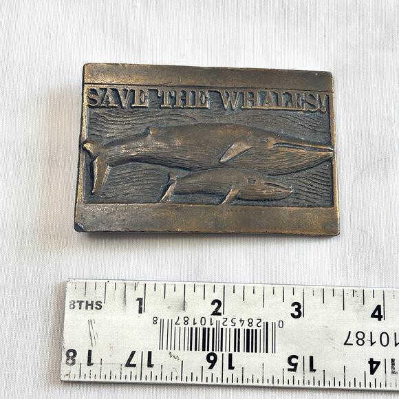 Vintage 1970s Save the Whales Belt Buckle Mixed Metal Brass - Picture 1 of 4